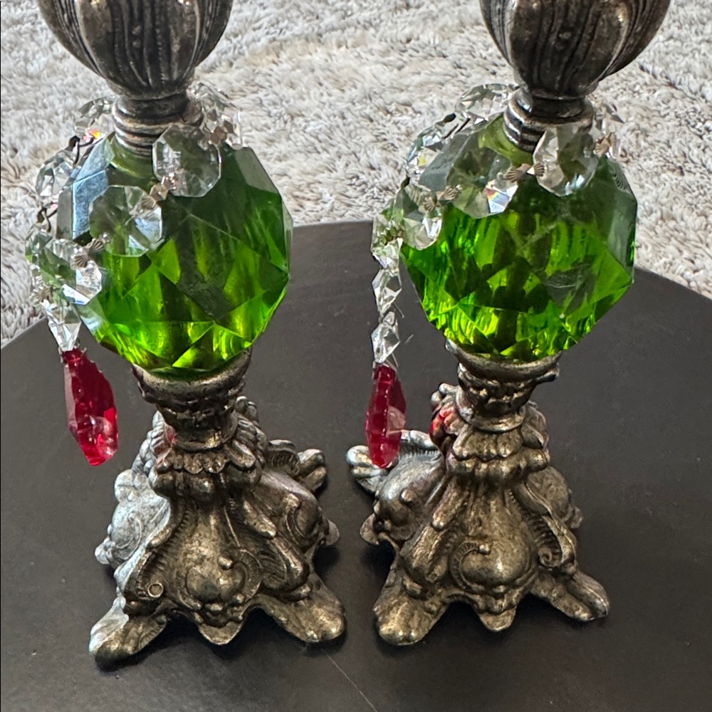 Hollywood‎ Regency Green Lucite 8" Candlestick Holders Candles Mid Century Pair - Picture 7 of 15